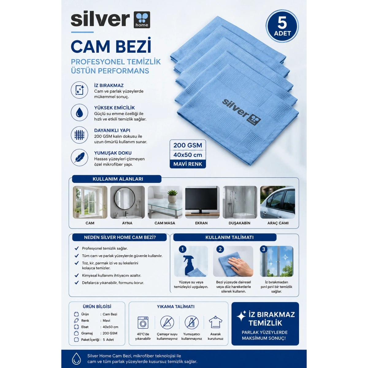 Silver Home 200 GSM 40x50 cm Cam Bezi Mavi Renk 5 Adet