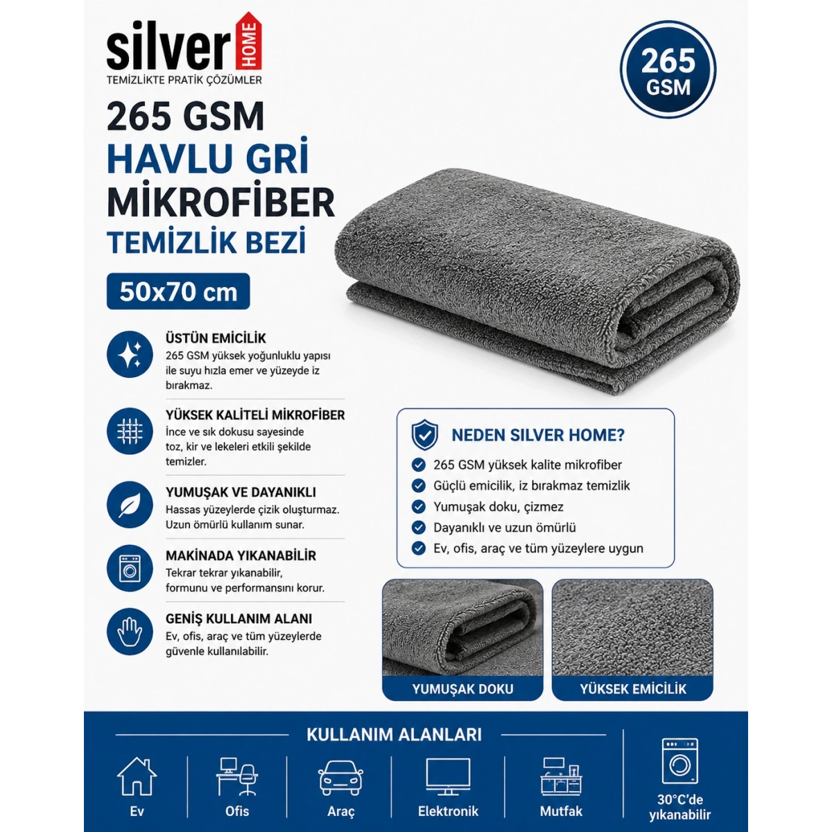 Silver Home 265 Gsm Havlu Gri Mikrofiber Temizlik Bezi 50x70 cm
