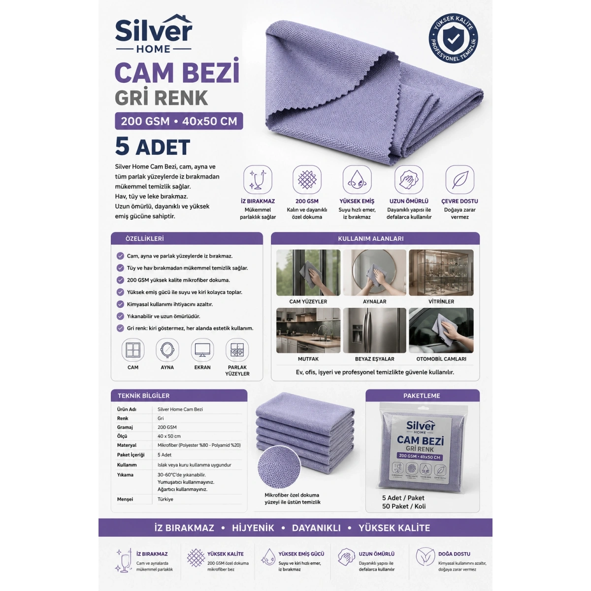 Silver Home Cam Bezi Gri Renk 200 GSM 40x50 cm 5 Adet