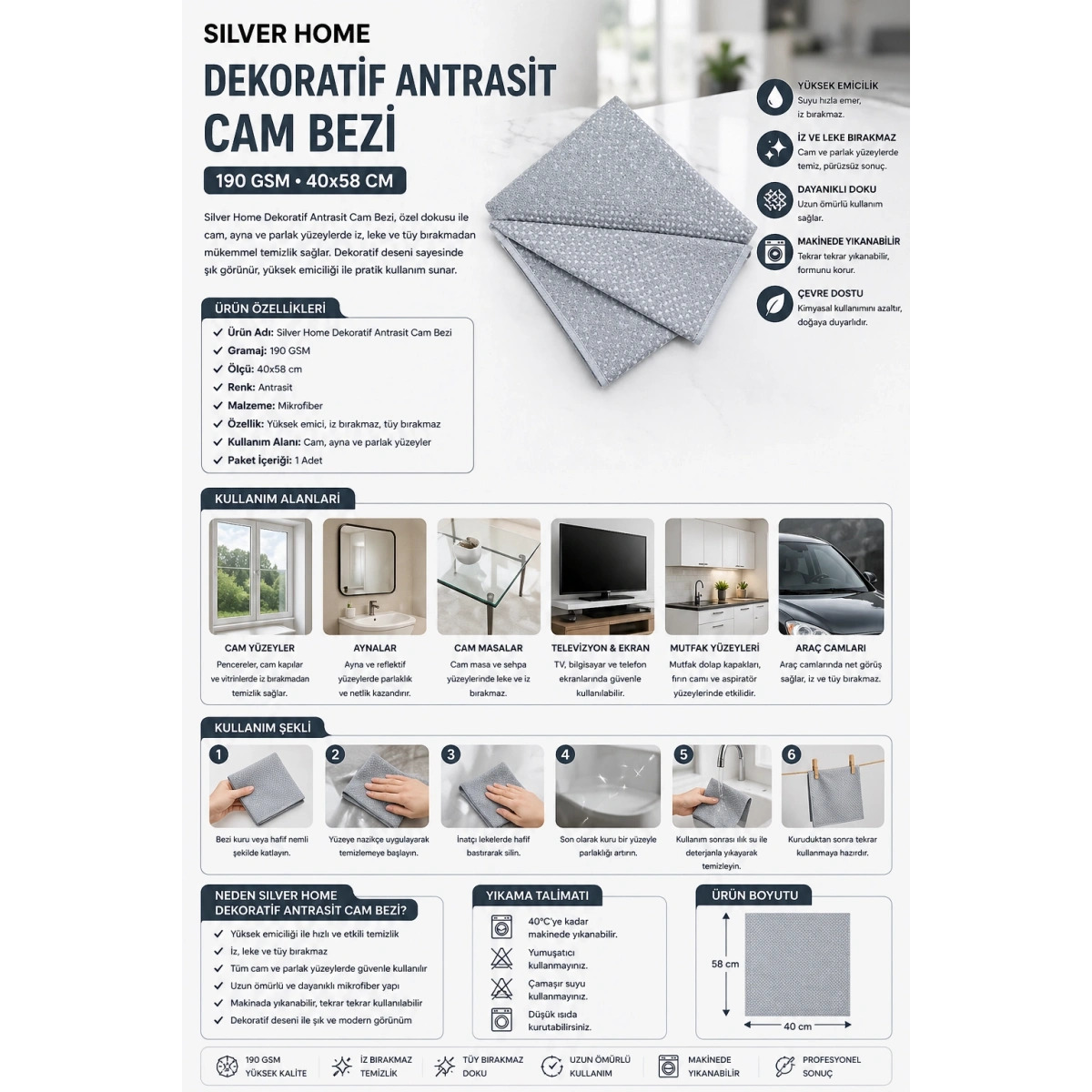 Silver Home Dekoratif Antrasit Cam Bezi 190 GSM 40x58 cm