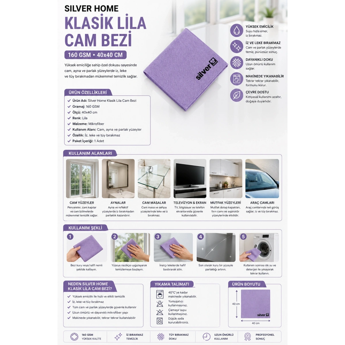 Silver Home Klasik Lila Cam Bezi 160 GSM 40X40 cm
