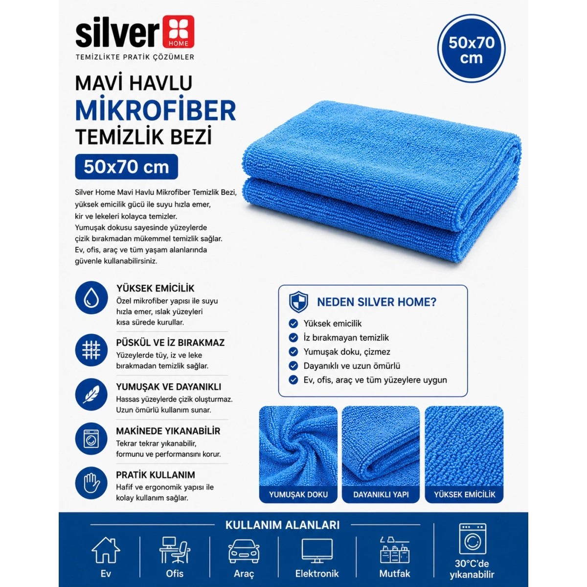 Silver Home Mavi Havlu Mikrofiber Temizlik Bezi 50x70 cm