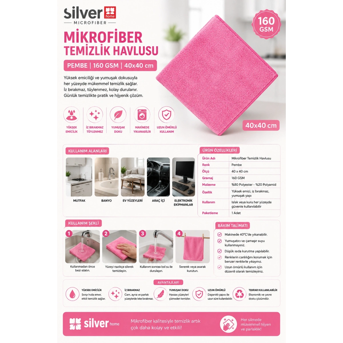 Silver Home Mikrofiber Havlu Temizlik Bezi Pembe 160 Gsm 40x40 cm