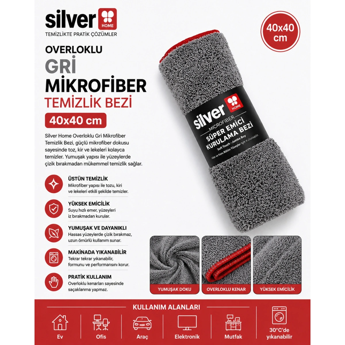 Silver Home Overloklu Gri Mikrofiber Temizlik Bezi 40x40 cm
