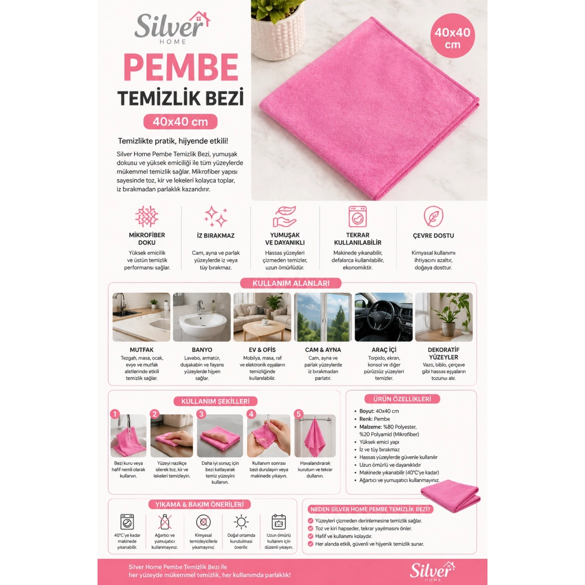 Silver Home Pembe Temizlik Bezi 40x40 cm