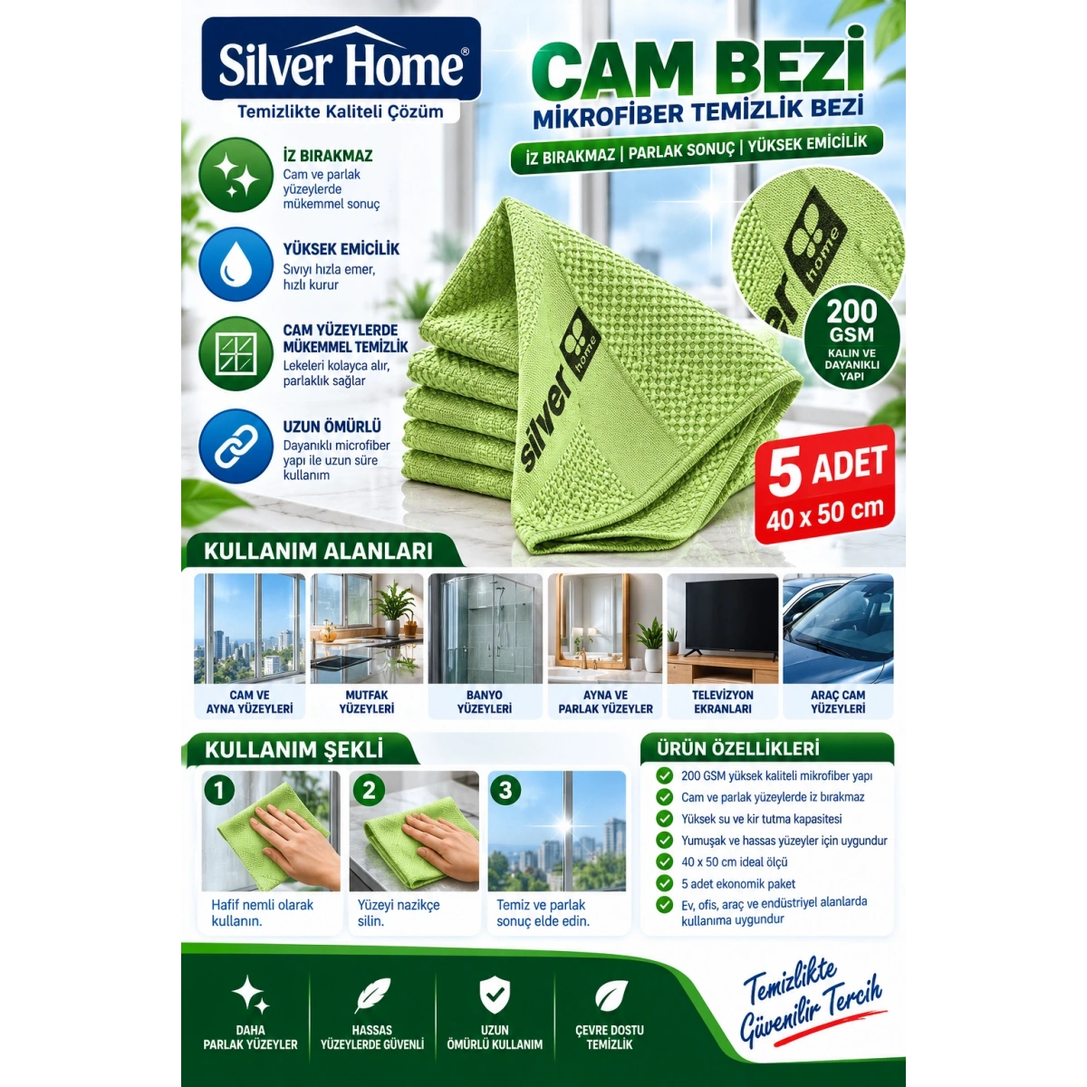 Silver Home Yeşil Cam Bezi 200 Gsm 40x50 cm 5 Adet