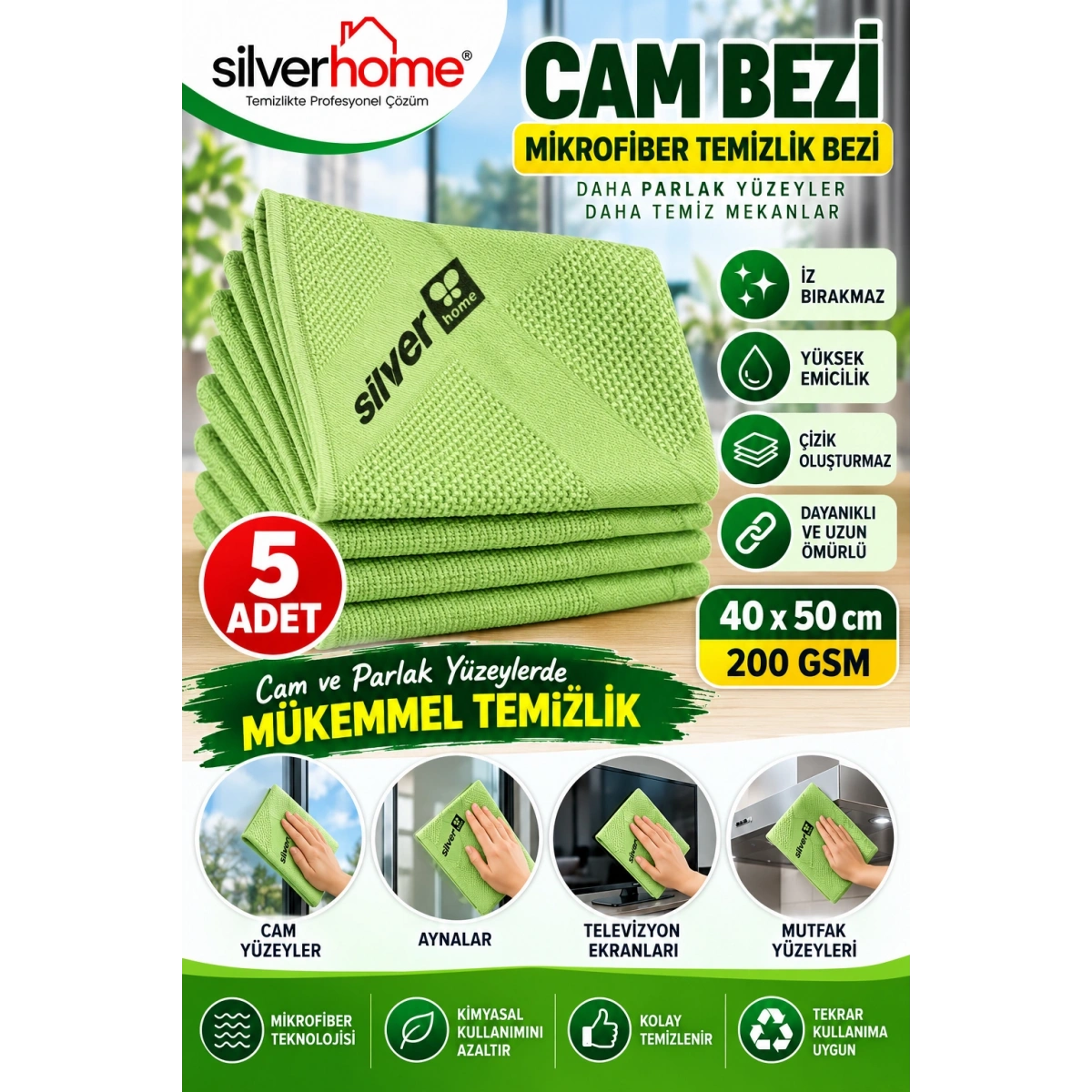 Silver Home Yeşil Cam Bezi 200 Gsm 40x50 cm 5 Adet
