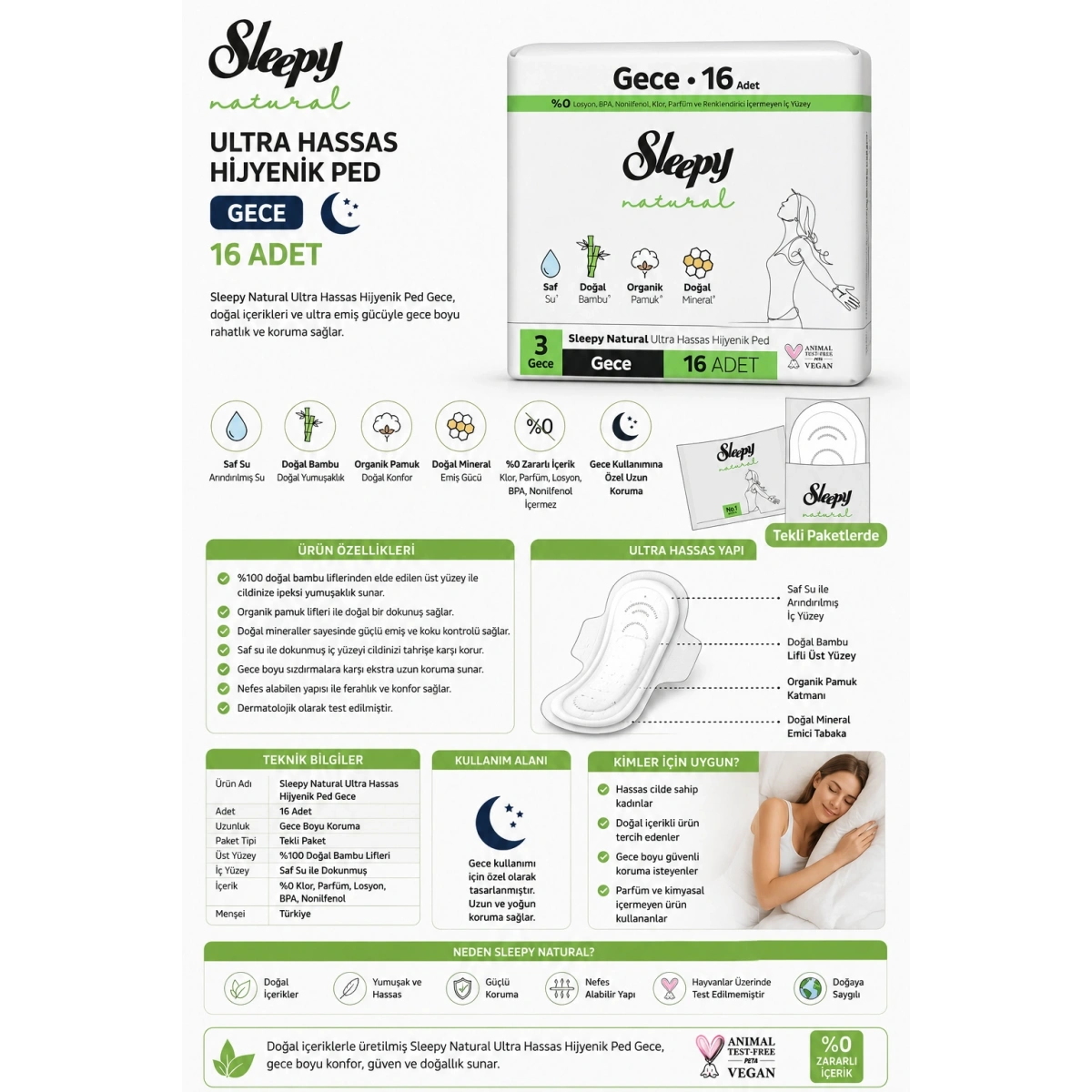 Sleepy Natural Ultra Hassas Hijyenik Ped Gece 16 Adet 1 Paket