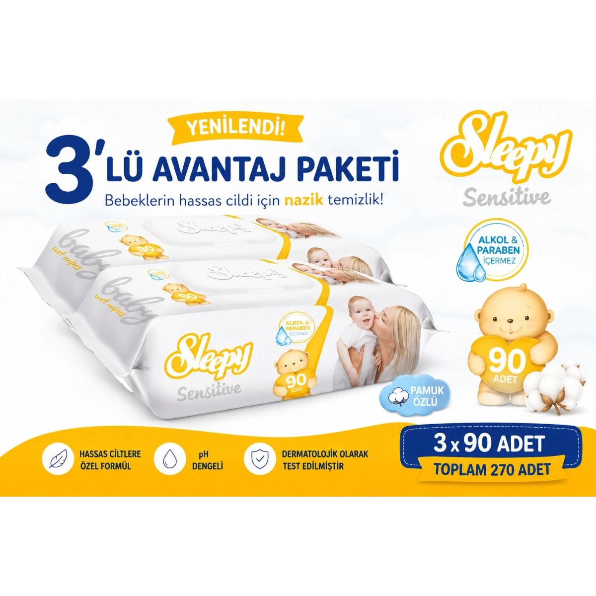 SleepyISensitive Islak Mendil 90lı 3lü Paket