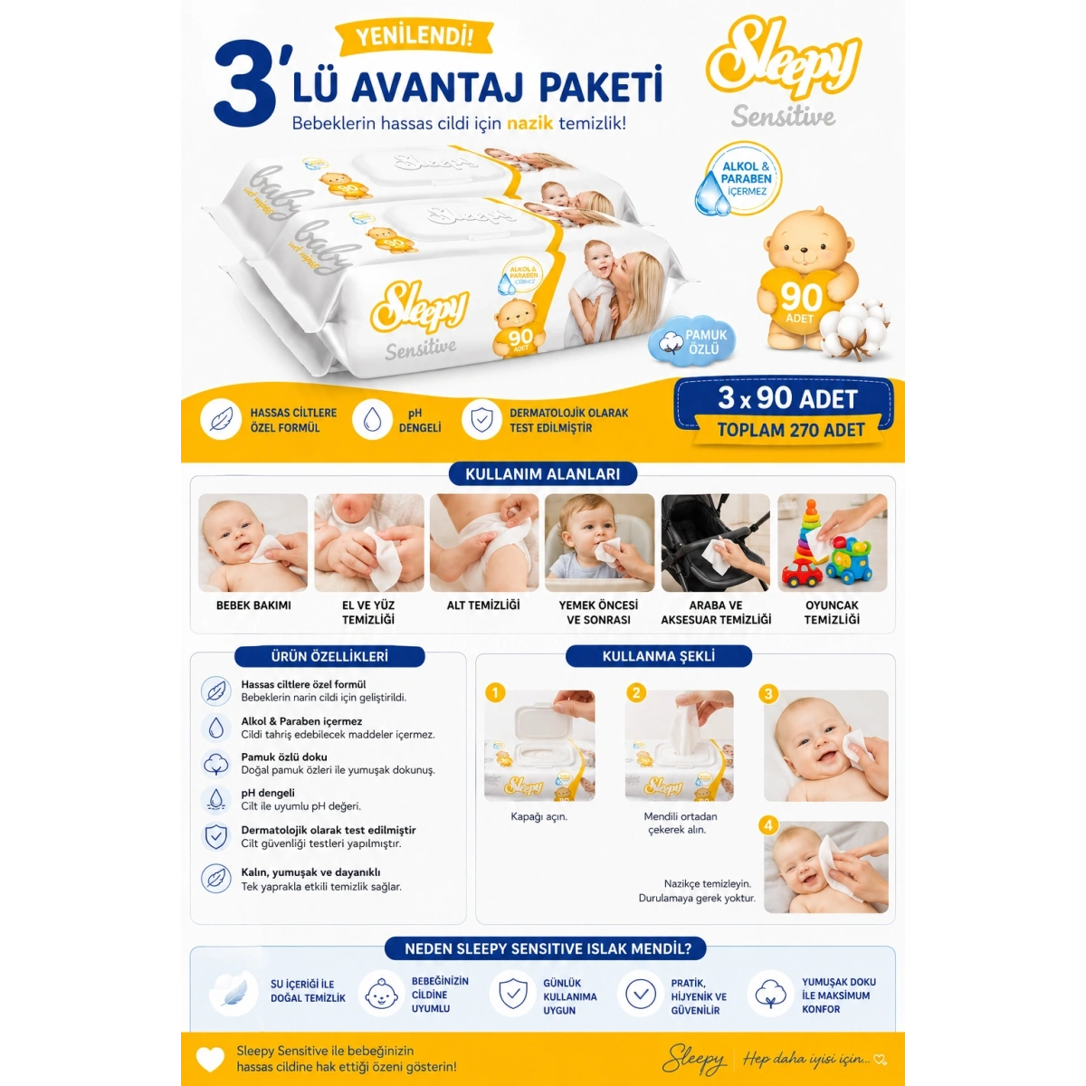 SleepyISensitive Islak Mendil 90lı 3lü Paket