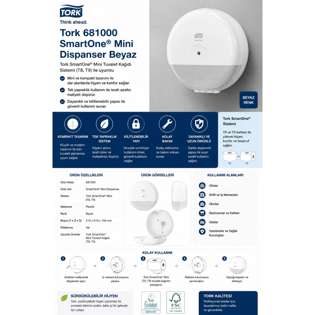 Tork 681000 Smartone Mini Dispanser Beyaz