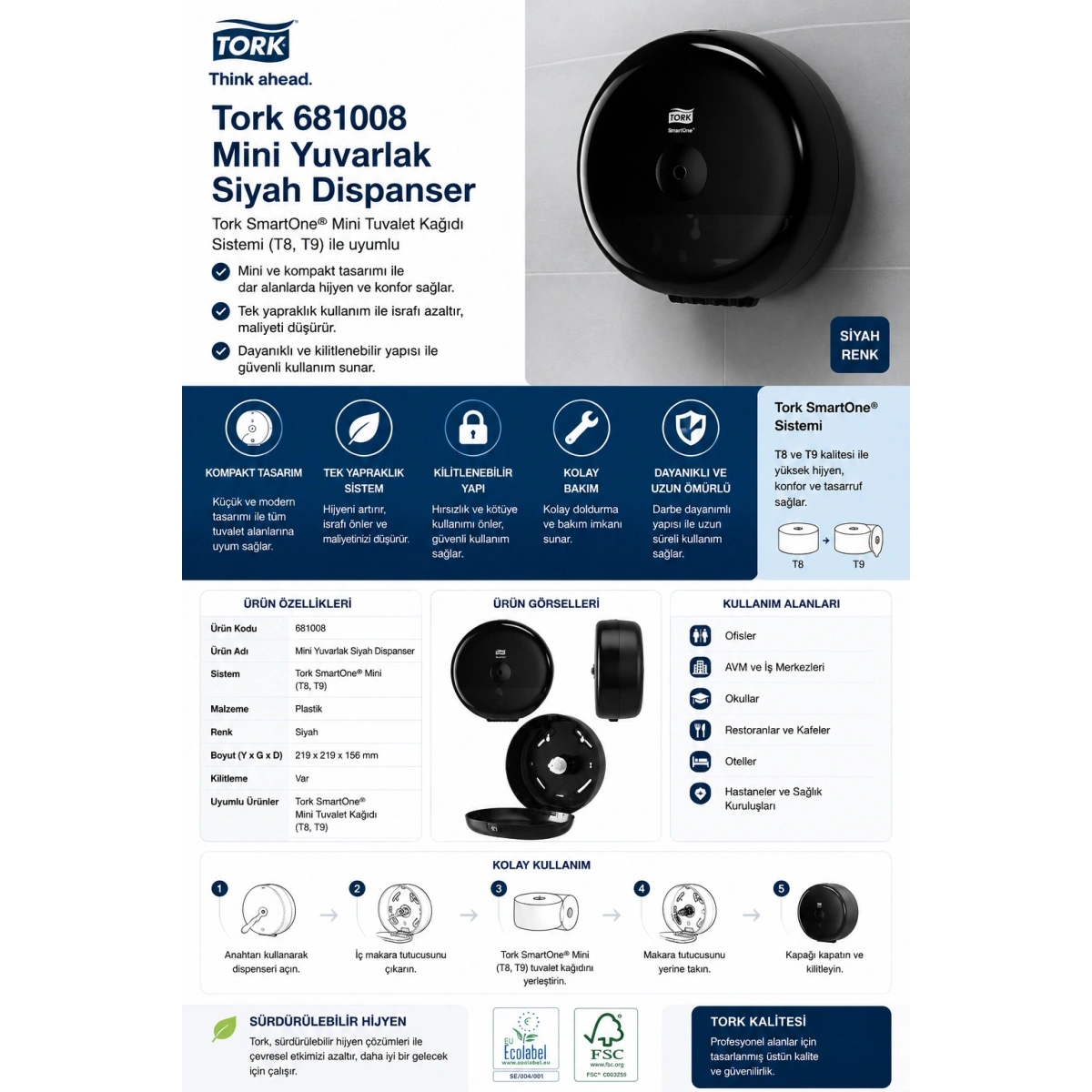 Tork 681008 Mini Yuvarlak Siyah Dispanser