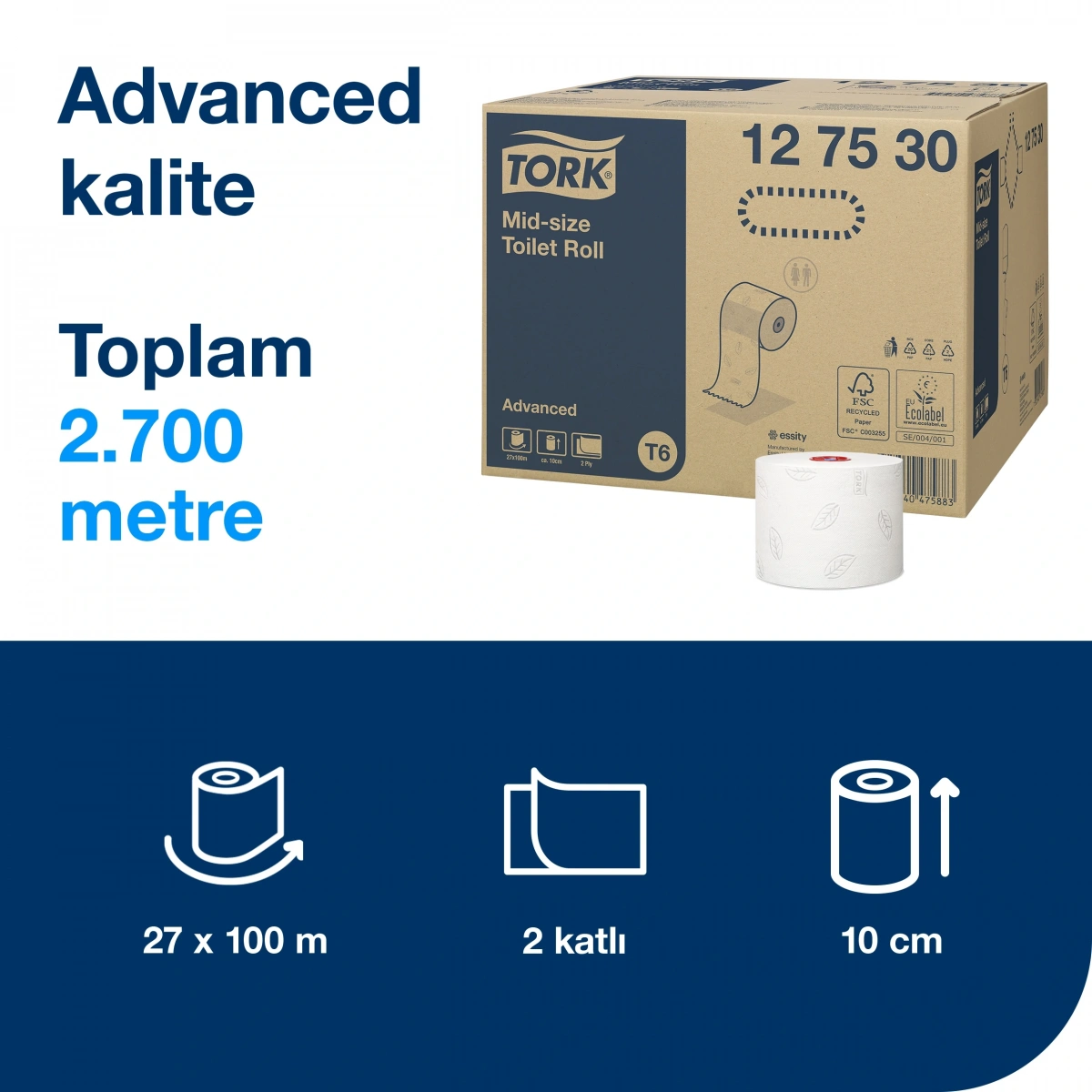 Tork 127530 Rulo Tuvalet Kağıdı 2 Katlı 27 Rulo x 100 Yaprak