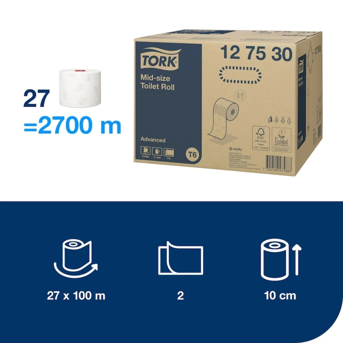Tork 127530 Rulo Tuvalet Kağıdı 2 Katlı 27 Rulo x 100 Yaprak