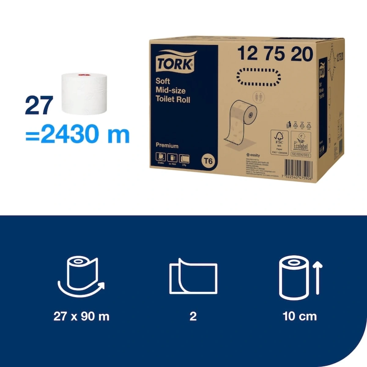 Tork 127520 Çift Katlı Premium Tuvalet Kağıdı 27 Rulo x 90 m