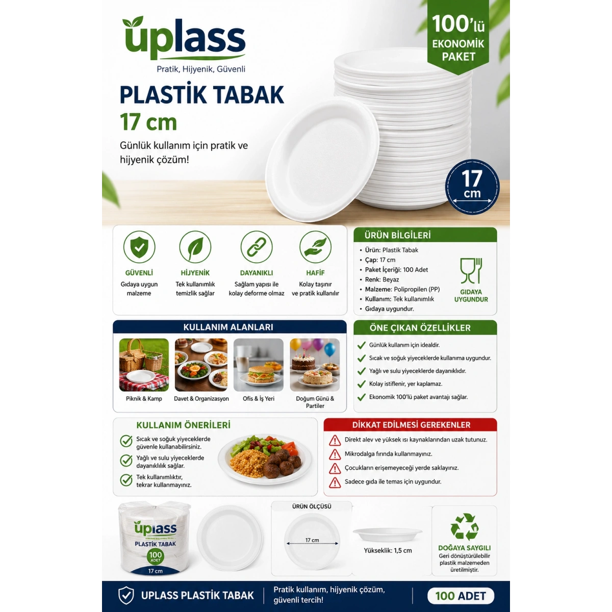 Uplass Plastik Tabak 17 cm  100lü