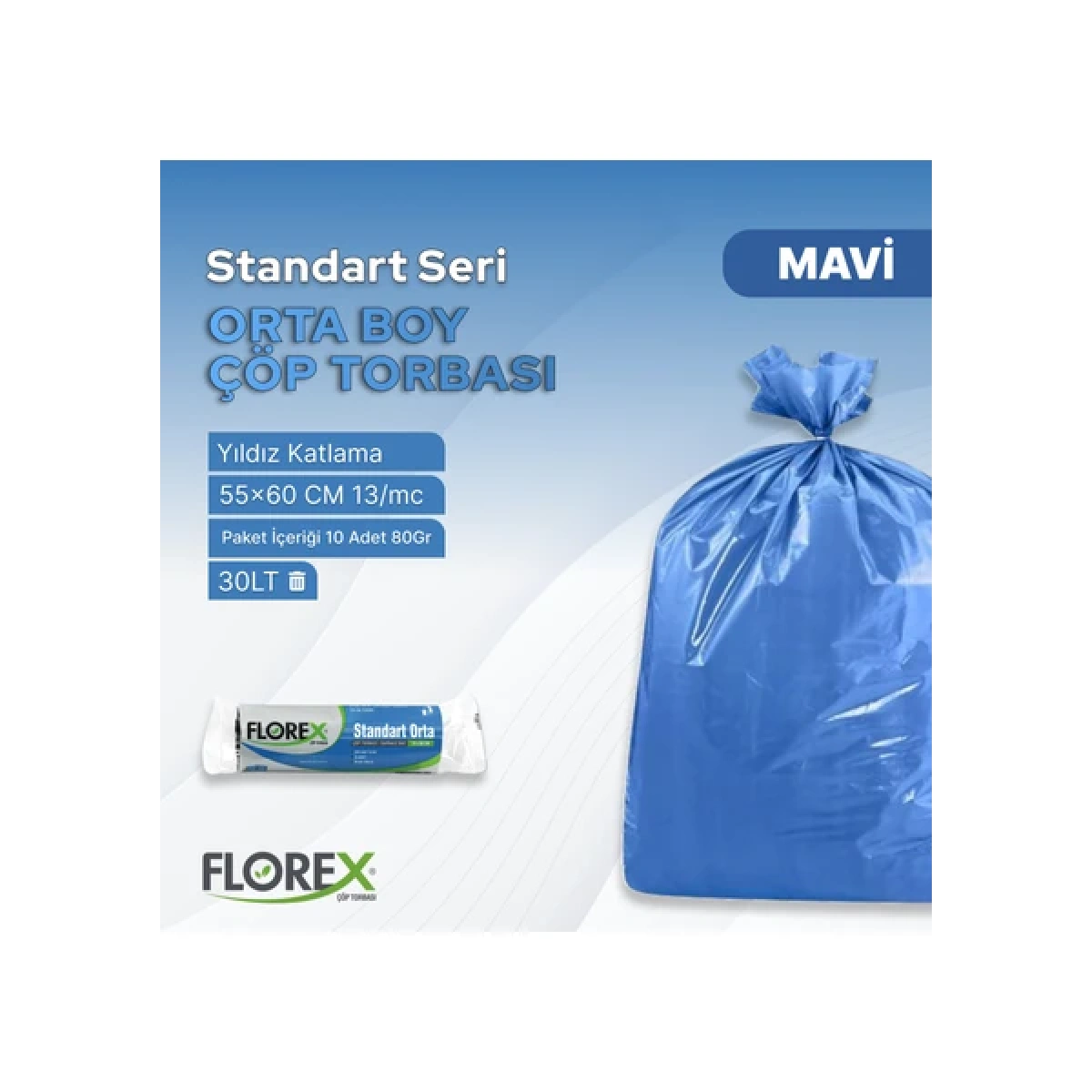 Vera Plast ÇPŞ-0001 Orta Boy Mavi Çöp Poşeti 20*50 Rulo, 55*60 cm