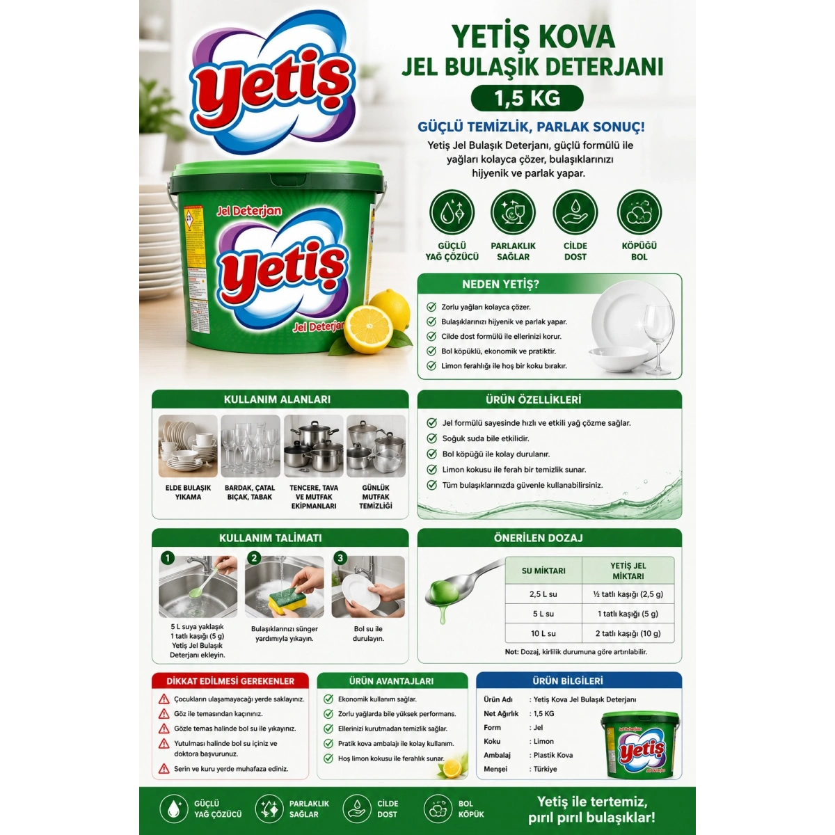 Yetiş Kova Jel Bulaşık Deterjanı 1.5 Kg