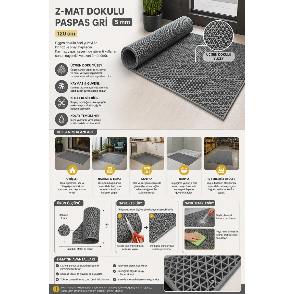 Z-Mat Dokulu Paspas Gri 5 mm 120 cm