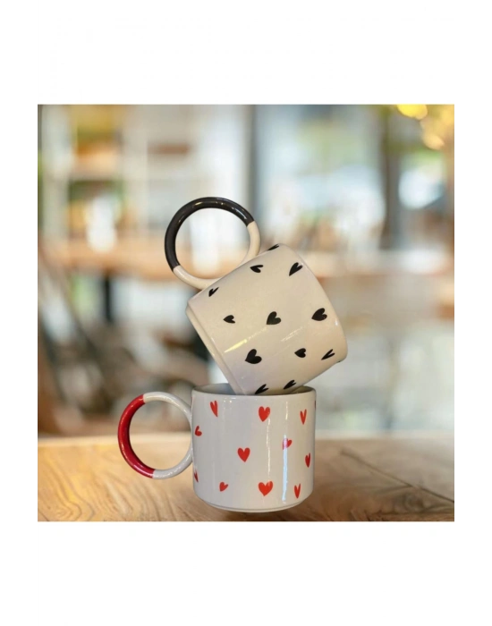 Mug Kupa Siyah Zarif Kalp Baskılı Kupa