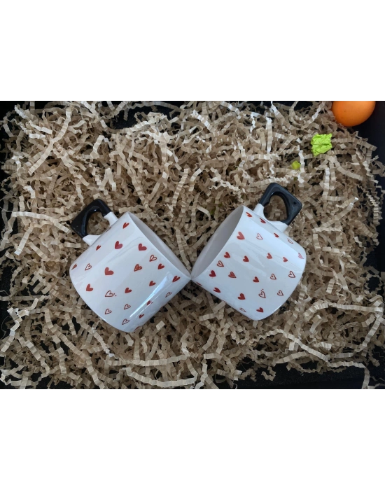 2li Kırmızı Minik Kalpler Çizimli El Yapımı Doğal Seramik Kalp Kupa Bardak / Mug - Çay&Kahve Fincanı