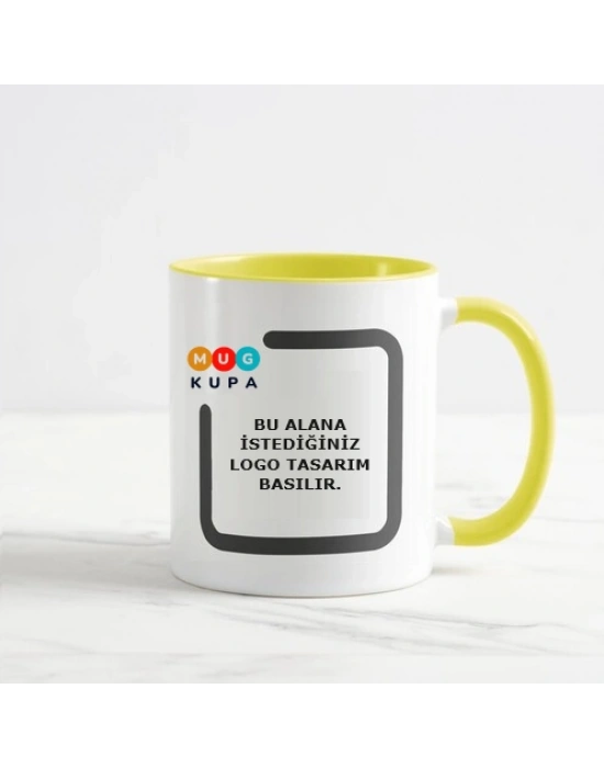 Toptan Baskılı İçi ve Kulpu Sarı Porselen Kupa Bardak
