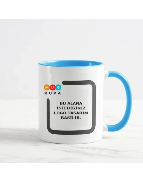 Toptan Logolu İçi Ve Kulpu Mavi Baskılı Seramik Kupa Bardak
