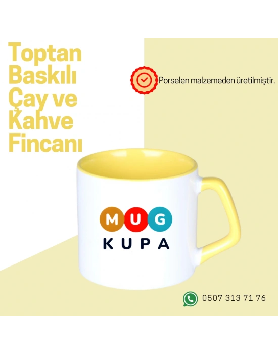 Toptan Porselen Sapı ve İçi Sarı Mocha Baskılı Fincan Bardak