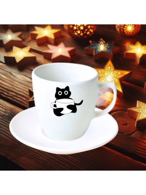 Yeniyıl Kedi Baskılı Türk Kahve Fincanı