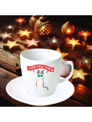 Yeniyıl Kedi Baskılı Türk Kahve Fincanı