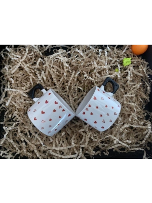 2li Kırmızı Minik Kalpler Çizimli El Yapımı Doğal Seramik Kalp Kupa Bardak / Mug - Çay&Kahve Fincanı