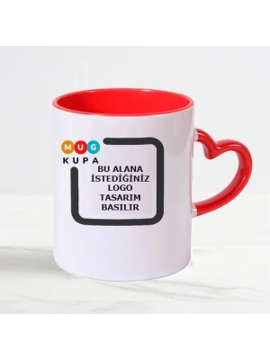 Toptan Logolu İçi ve Kulpu Kırmızı Sevgiler Gününe Özel Kalpli Kupa Bardak