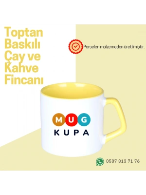 Toptan Porselen Sapı ve İçi Sarı Mocha Baskılı Fincan Bardak