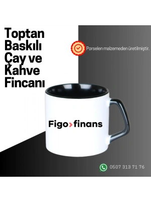 Toptan Porselen Sapı ve İçi Siyah Mocha Baskılı Fincan Bardak