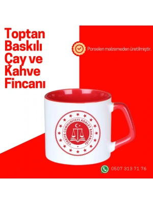 Toptan Porselen Sapı ve İçi Kırmızı Mocha Baskılı Fincan Bardak