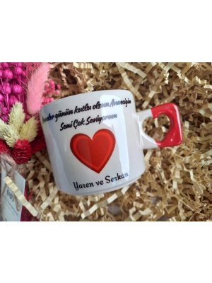Mug Kupa- Anneler Gününe Özel -kalp Kulplu Fincan Tekli Kırmızı