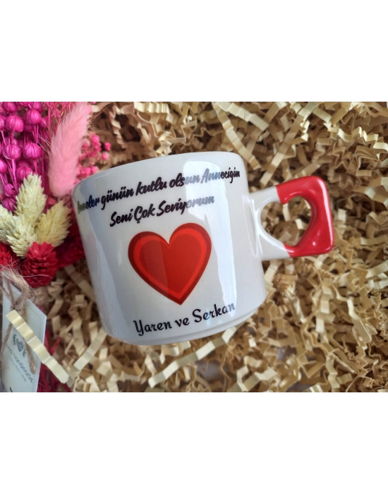Mug Kupa- Anneler Gününe Özel -kalp Kulplu Fincan Tekli Kırmızı