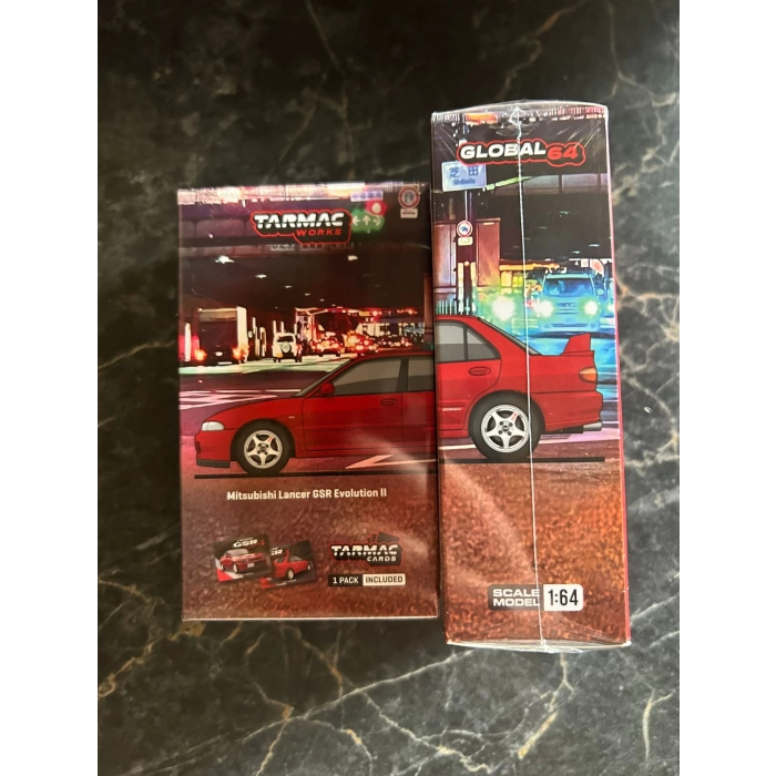 Tarmac Works 1/64 Mitsubishi Lancer GSR Evolution II Red with Tarmac Cards