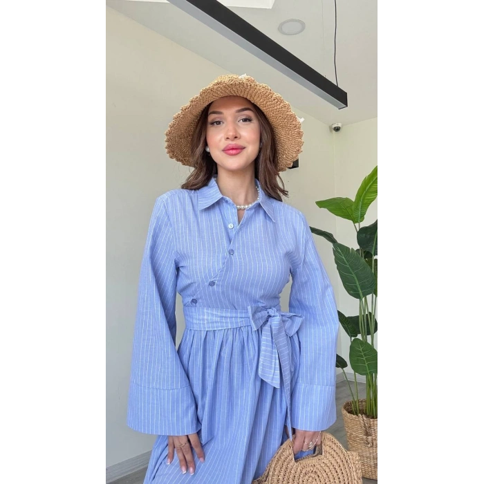 BAĞLAMALI UZUN POPLİN ELBİSE