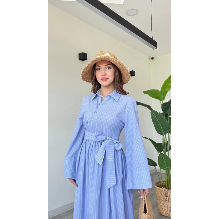 BAĞLAMALI UZUN POPLİN ELBİSE