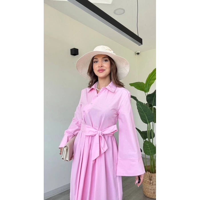 BAĞLAMALI UZUN POPLİN ELBİSE