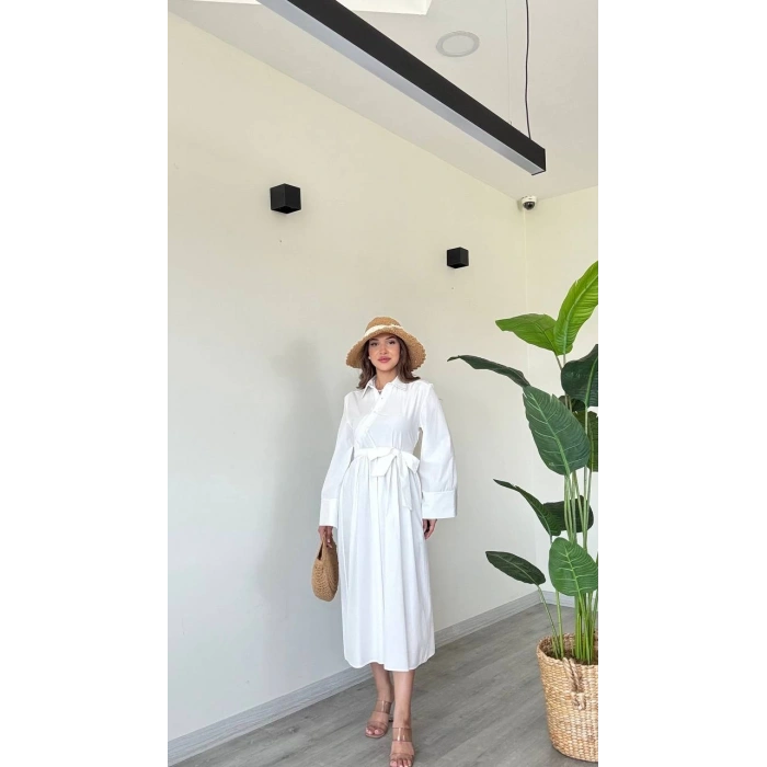 BAĞLAMALI UZUN POPLİN ELBİSE