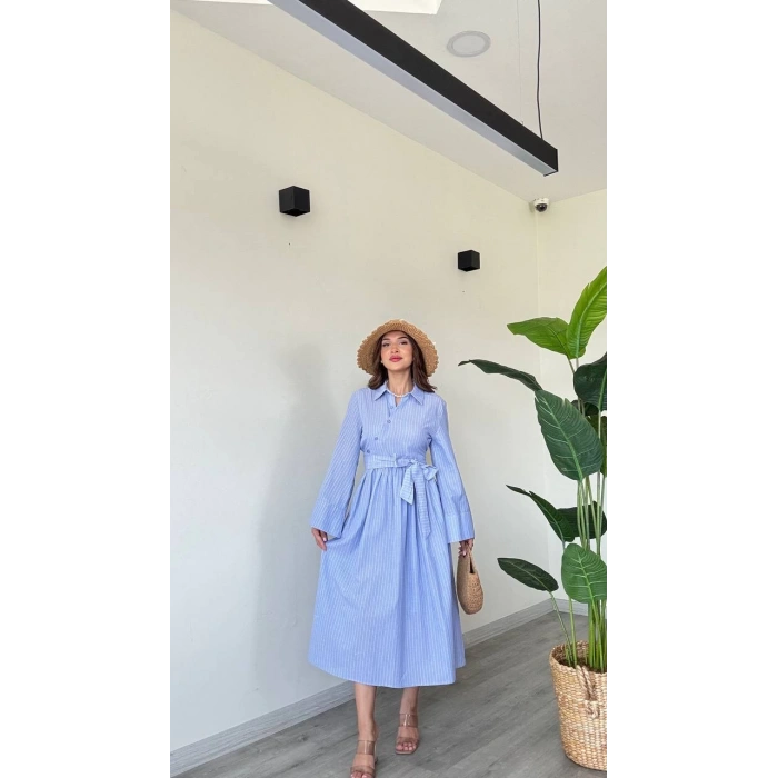 BAĞLAMALI UZUN POPLİN ELBİSE