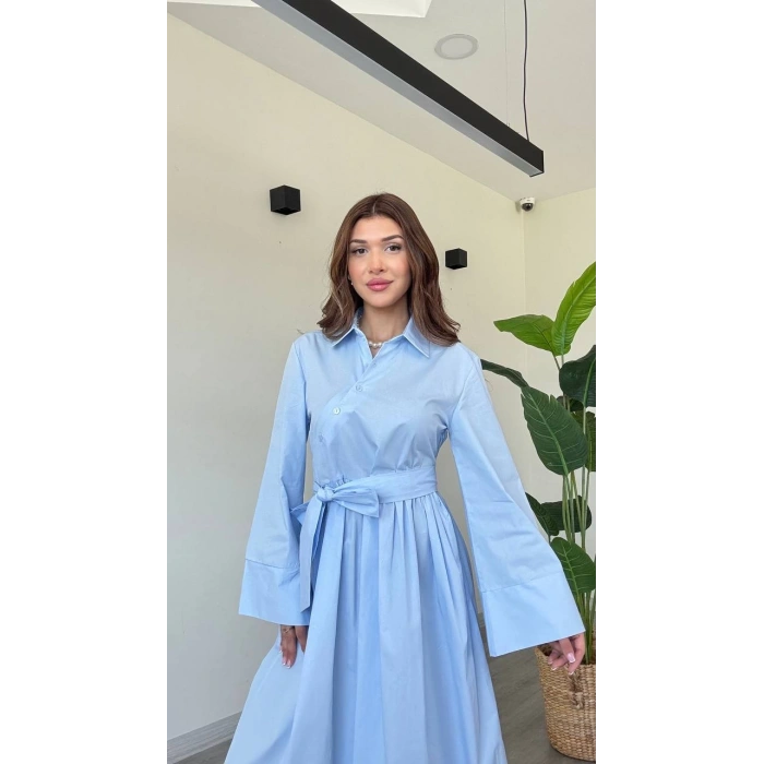 BAĞLAMALI UZUN POPLİN ELBİSE