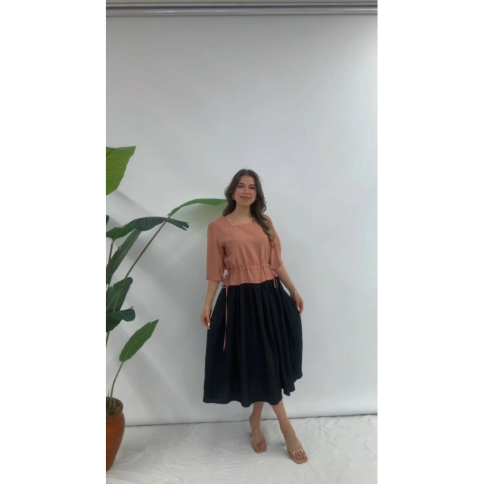 BELİ BÜZGÜLÜ ELBİSE