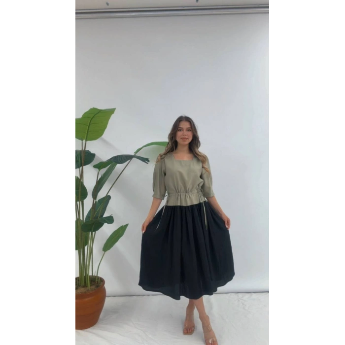 BELİ BÜZGÜLÜ ELBİSE