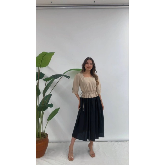 BELİ BÜZGÜLÜ ELBİSE