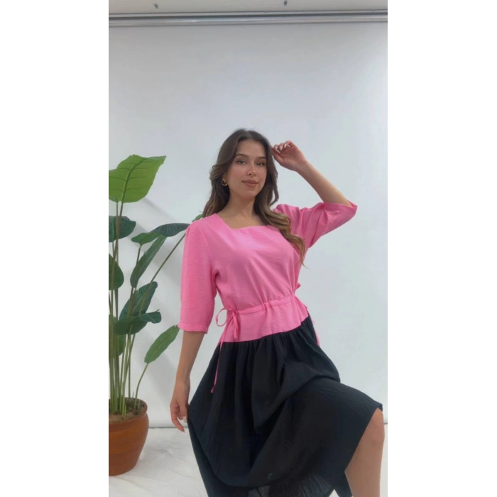 BELİ BÜZGÜLÜ ELBİSE