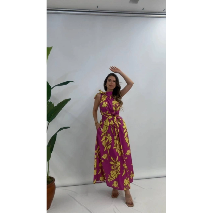 BOYUNDAN BAĞLAMALI ÇİÇEKLİ ELBİSE