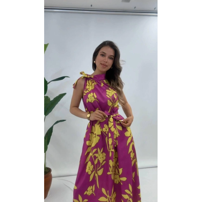 BOYUNDAN BAĞLAMALI ÇİÇEKLİ ELBİSE